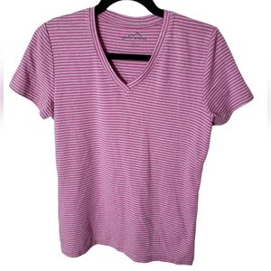Eddie Bauer Women's Pink and Gray Striped Short Sleeve Tee Size L